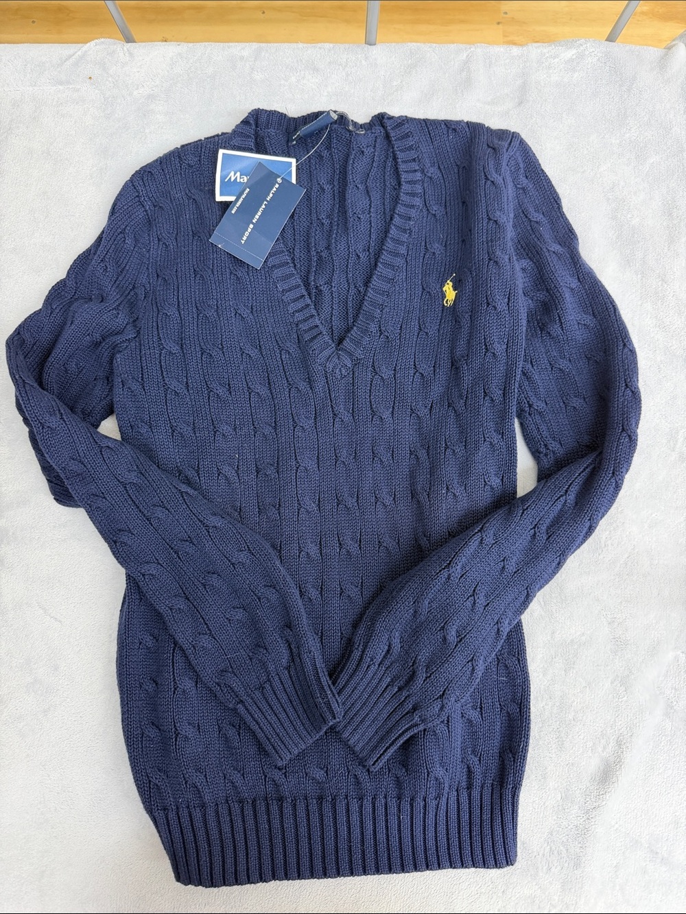 Polo by Ralph Lauren Navy Cable V-Neck Sweater with Yellow Pony